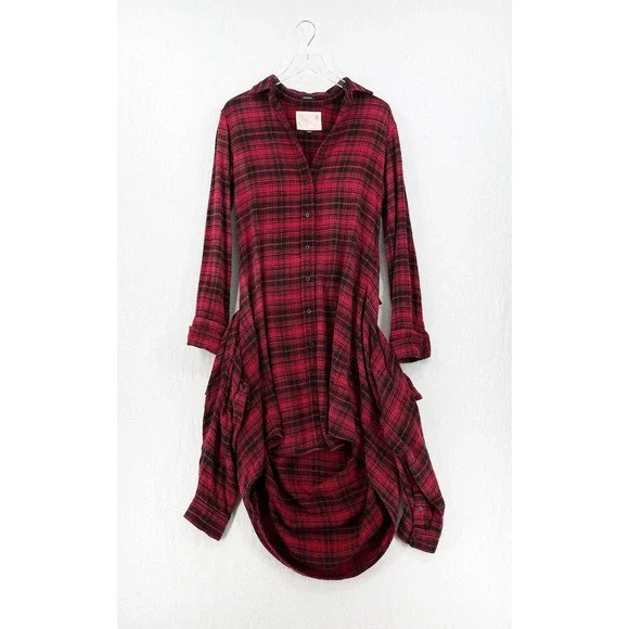 R13 Tie Flannel Midi Shirt Dress Women XS Red Black Plaid Grunge Asymmetric - Picture 5 of 16